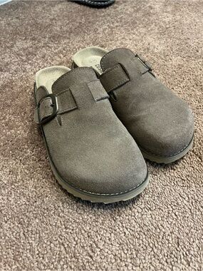 Suede Slip-On Clog with Buckle - Brown